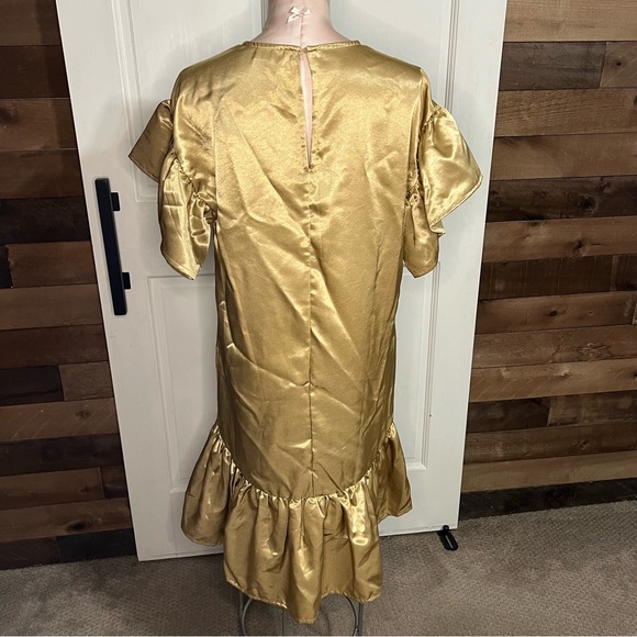 Vila Satin Smock Metallic Gold Dress in Camel, EUC, Sz: XS/SM - Picture 6 of 9